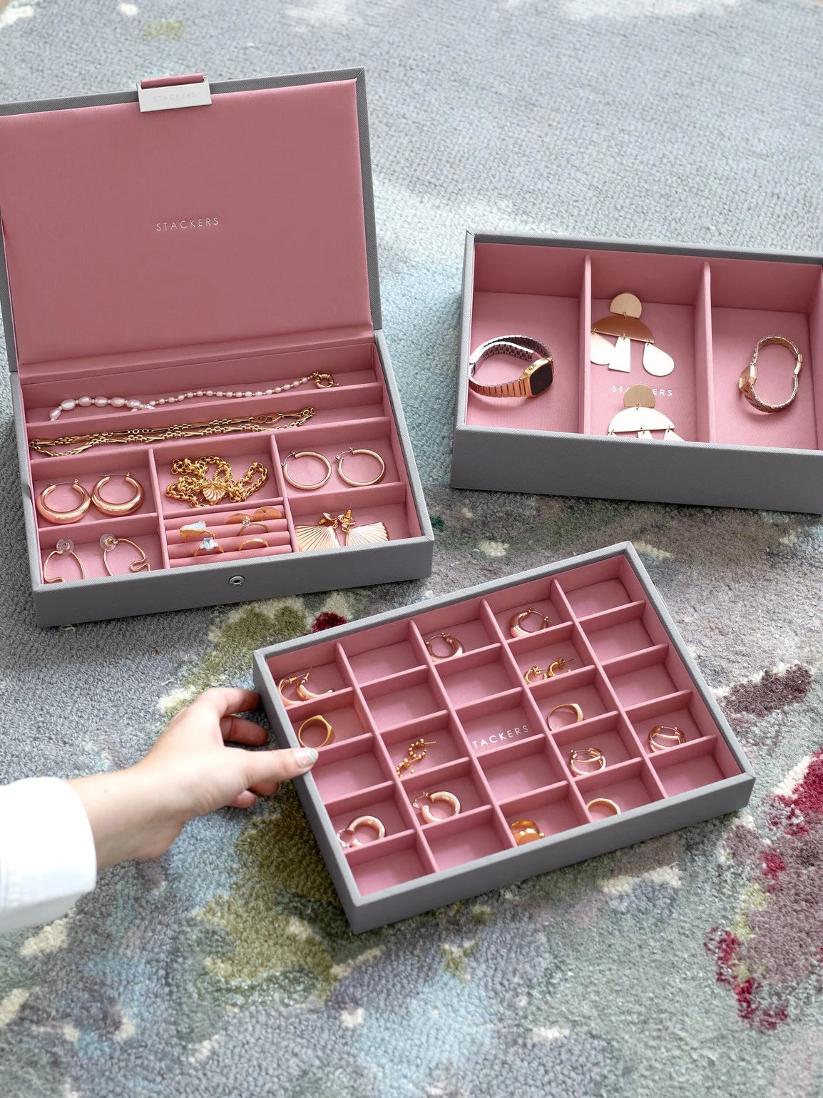 Stackers Klassieke Juwelendoos Set van 3 Grijs & Roze