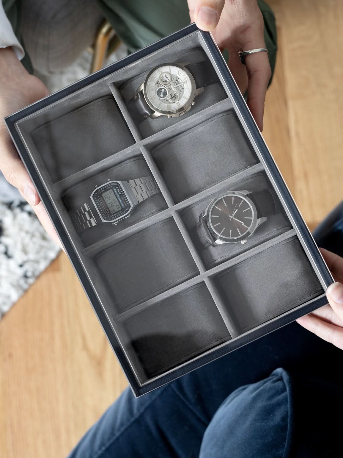 Stackers Achtdelige Horlogebox met doorzichtig deksel Marineblauw - Mystackers