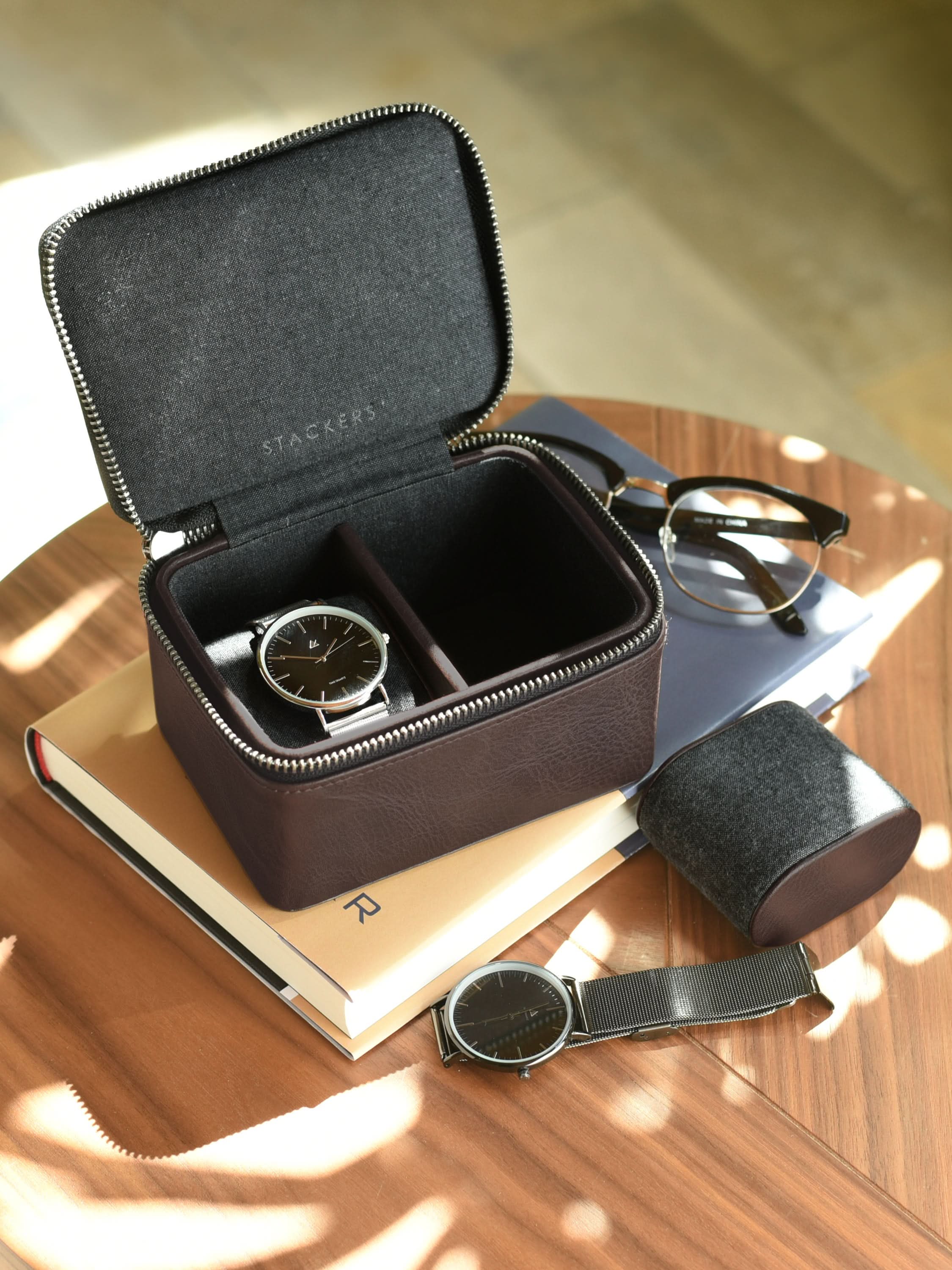 Stackers Watch Box with Double Zipper Brown