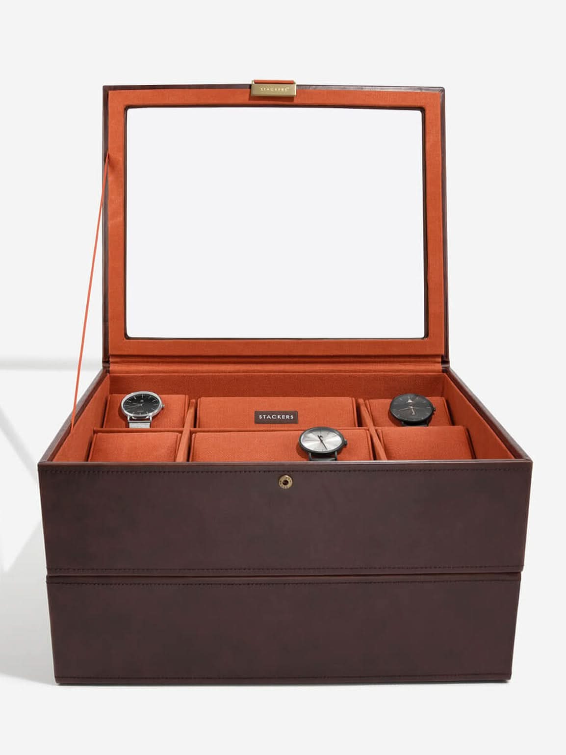 Stackers Vijftiendelige Horlogebox Bruin & Oranje Deksel + Horlogelaag - Mystackers