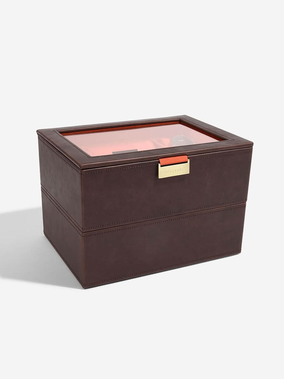 Stackers Achtdelige Horlogebox Bruin & Oranje Deksel + Horlogelaag - Mystackers