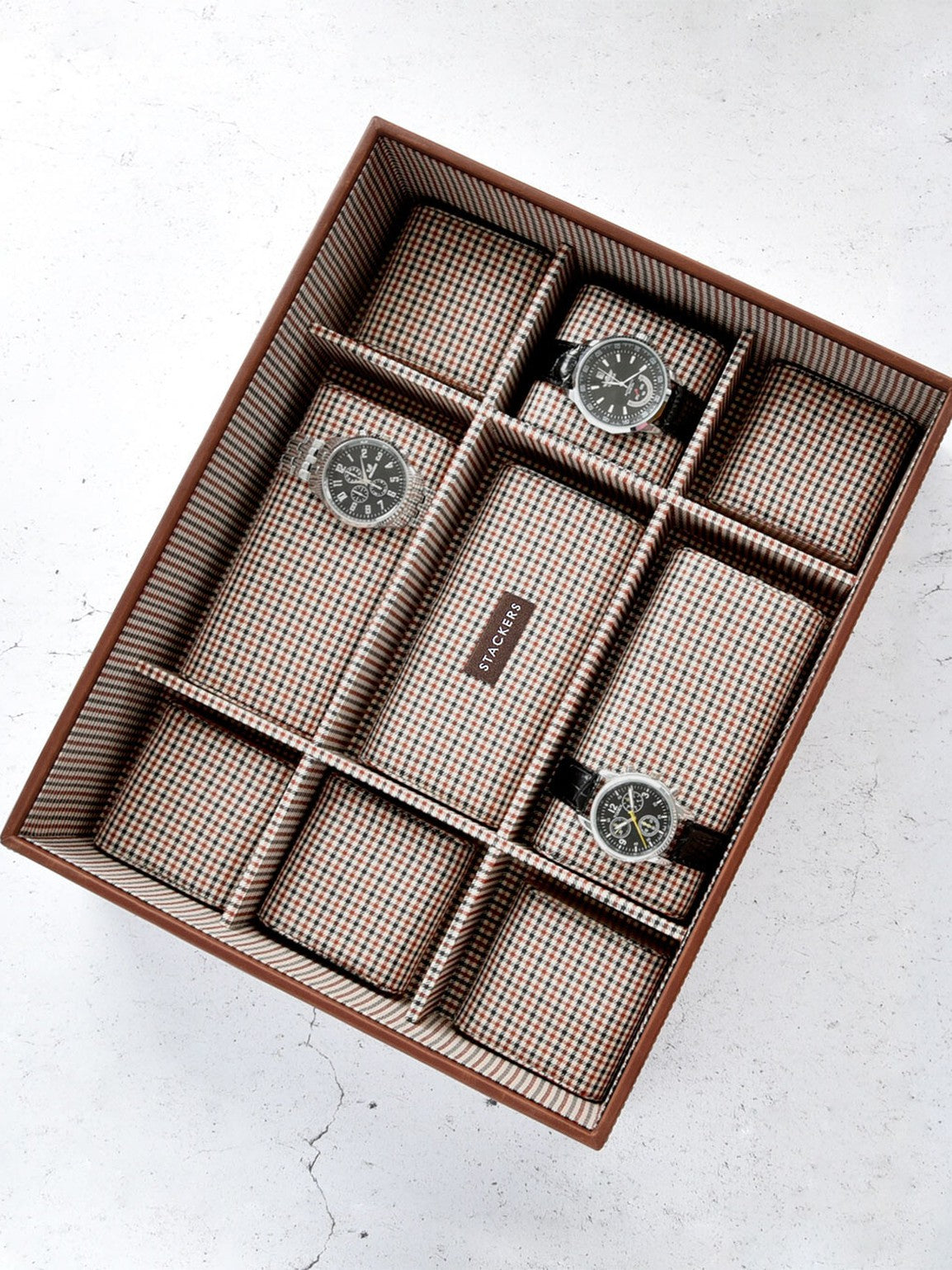 Stackers Fifteen Piece Watch Box Brown Checkered