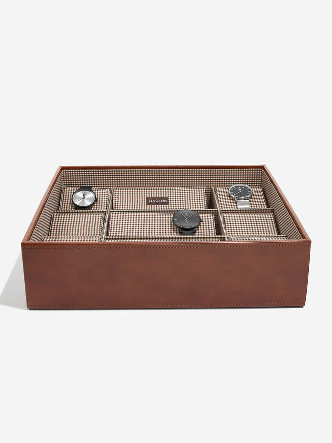 Stackers Fifteen Piece Watch Box Brown Checkered