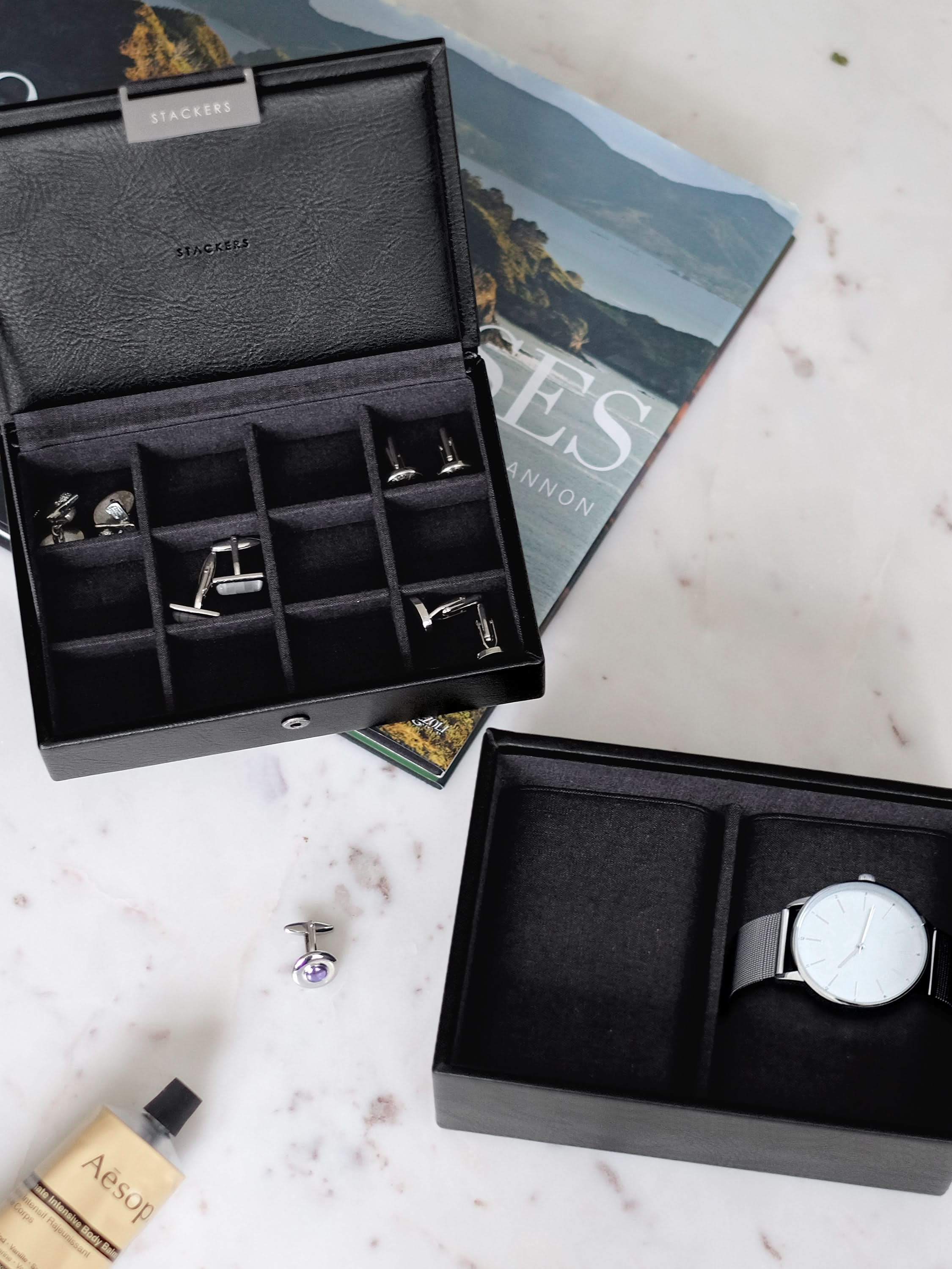 Stackers Mini Set of 2 - Watch & Cufflinks Box Black