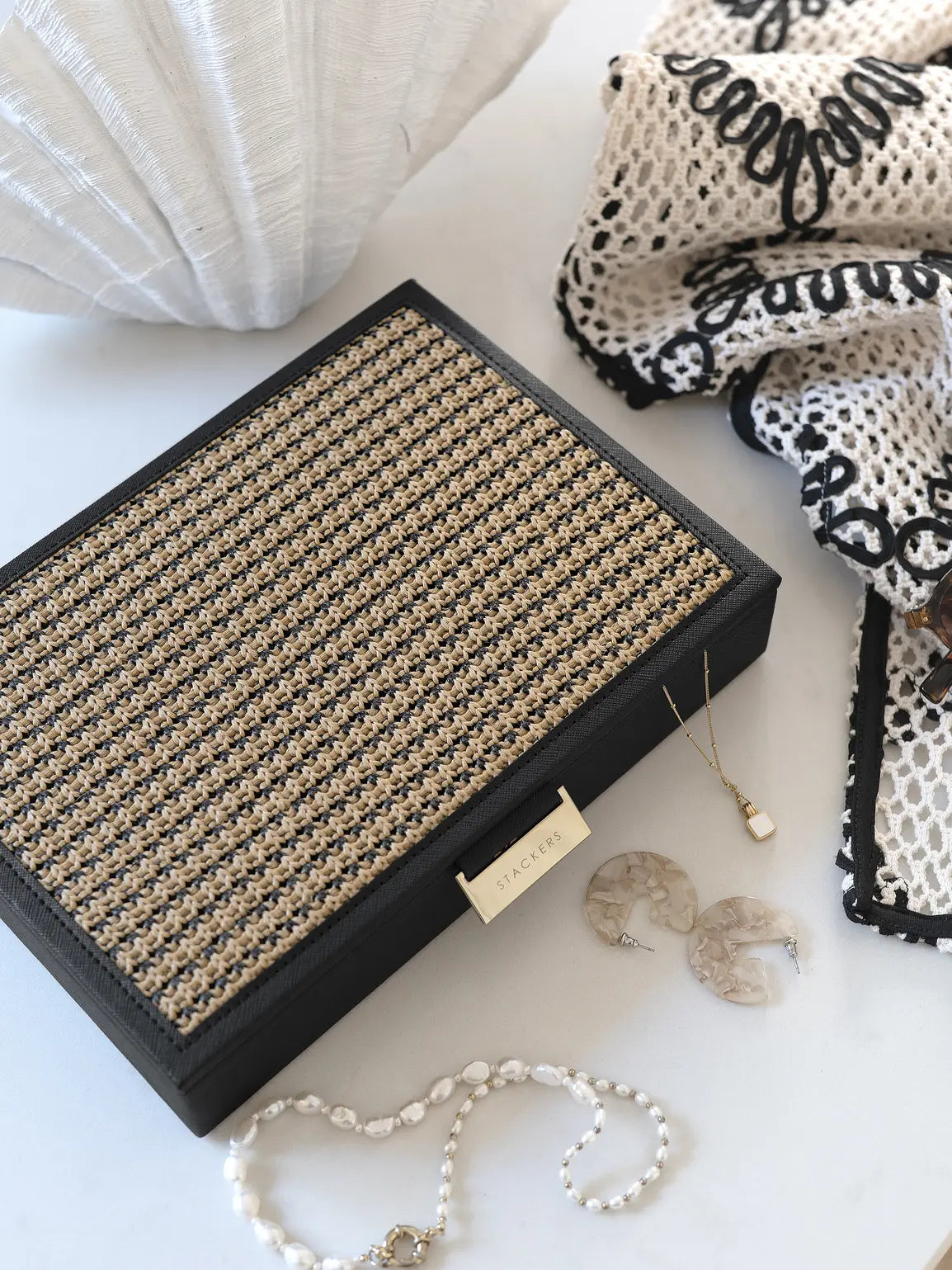 Stackers Deksel voor Klassieke Juwelendoos Zwart Raffia - Mystackers